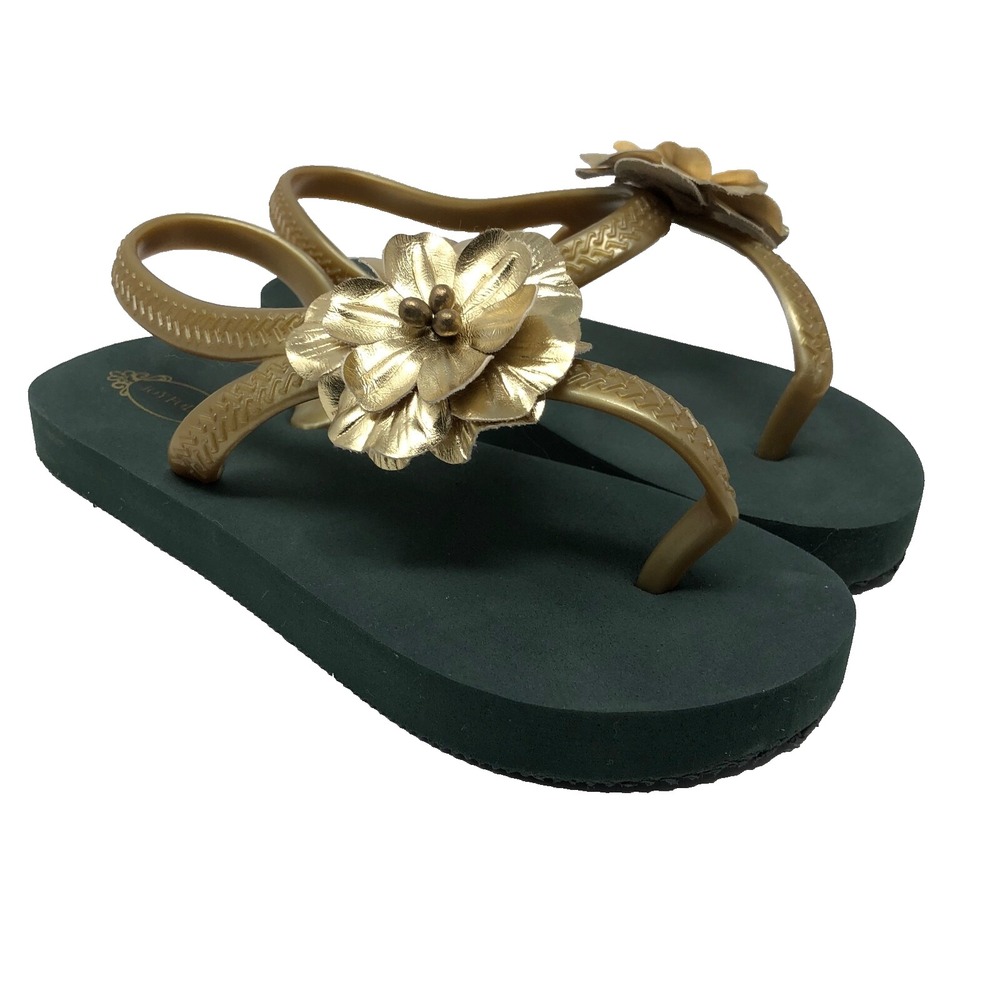 Joy Folie Verena Forest Green Gold Floral Flip Flops Girls 11 12 Sandal